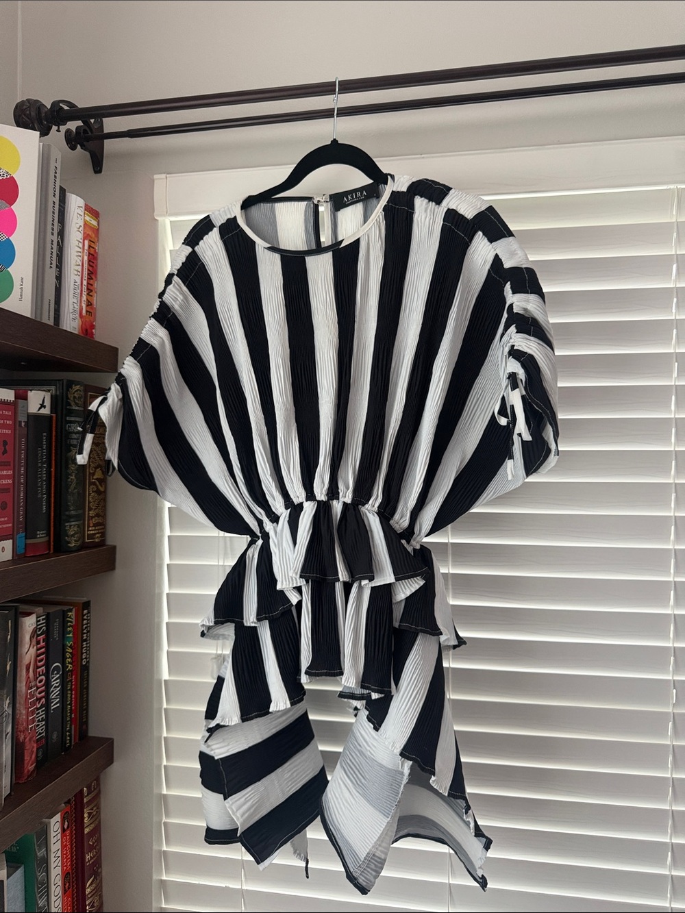 AKIRA Chicago Black and White Vertical Stripe Ruffle Tunic